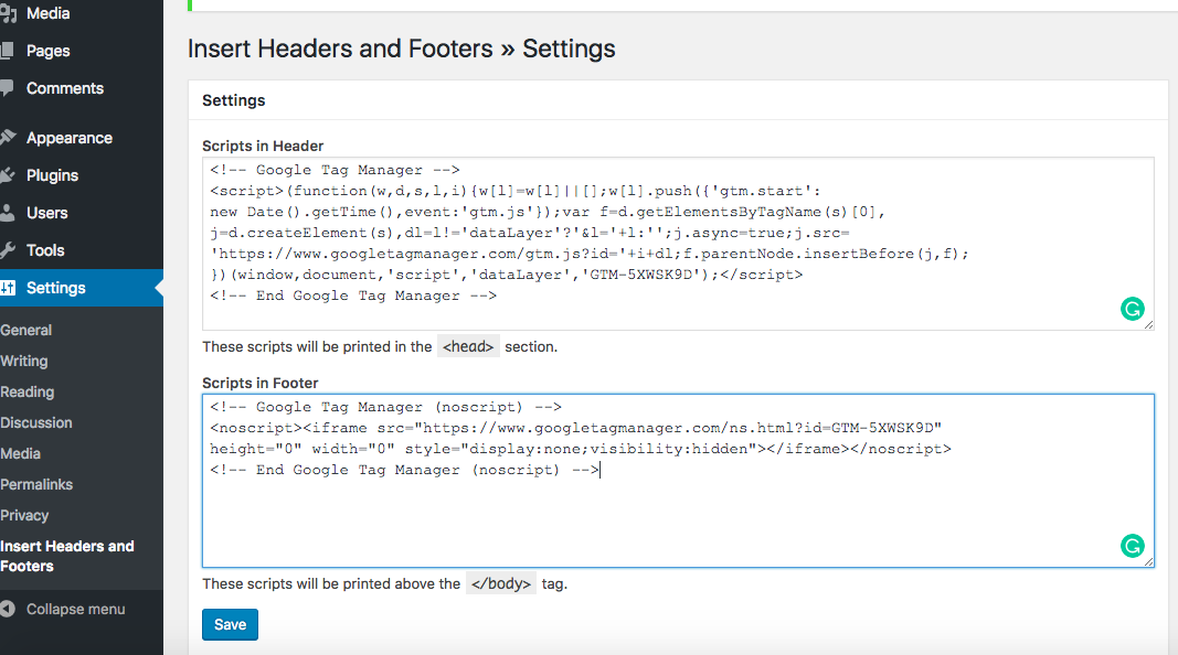 Paste GTM Code into Header and Footer