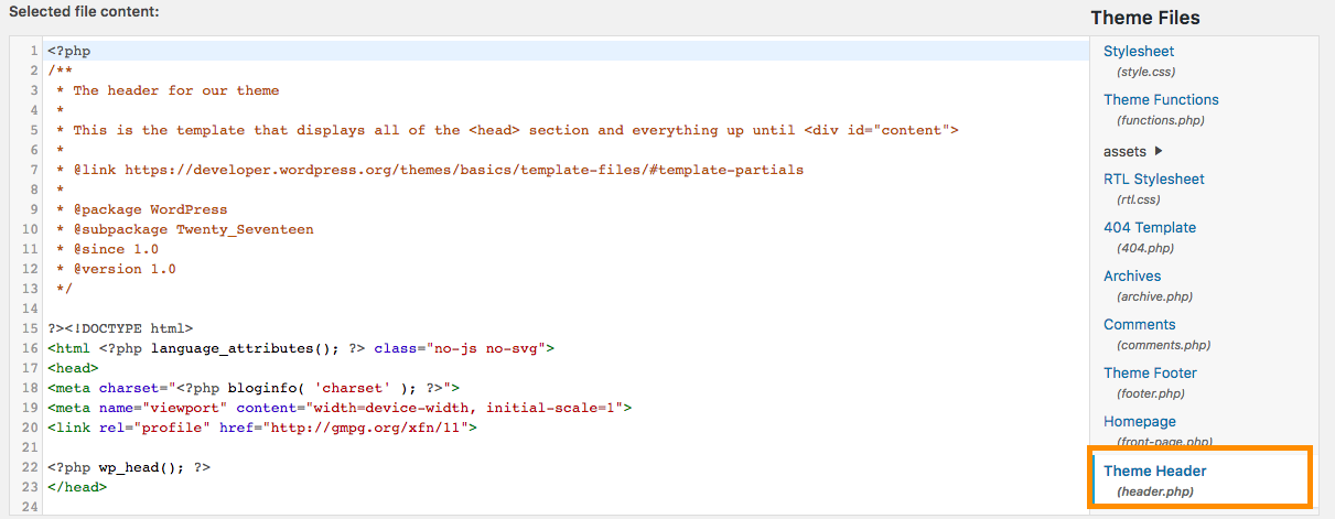 Edit header file in WordPress